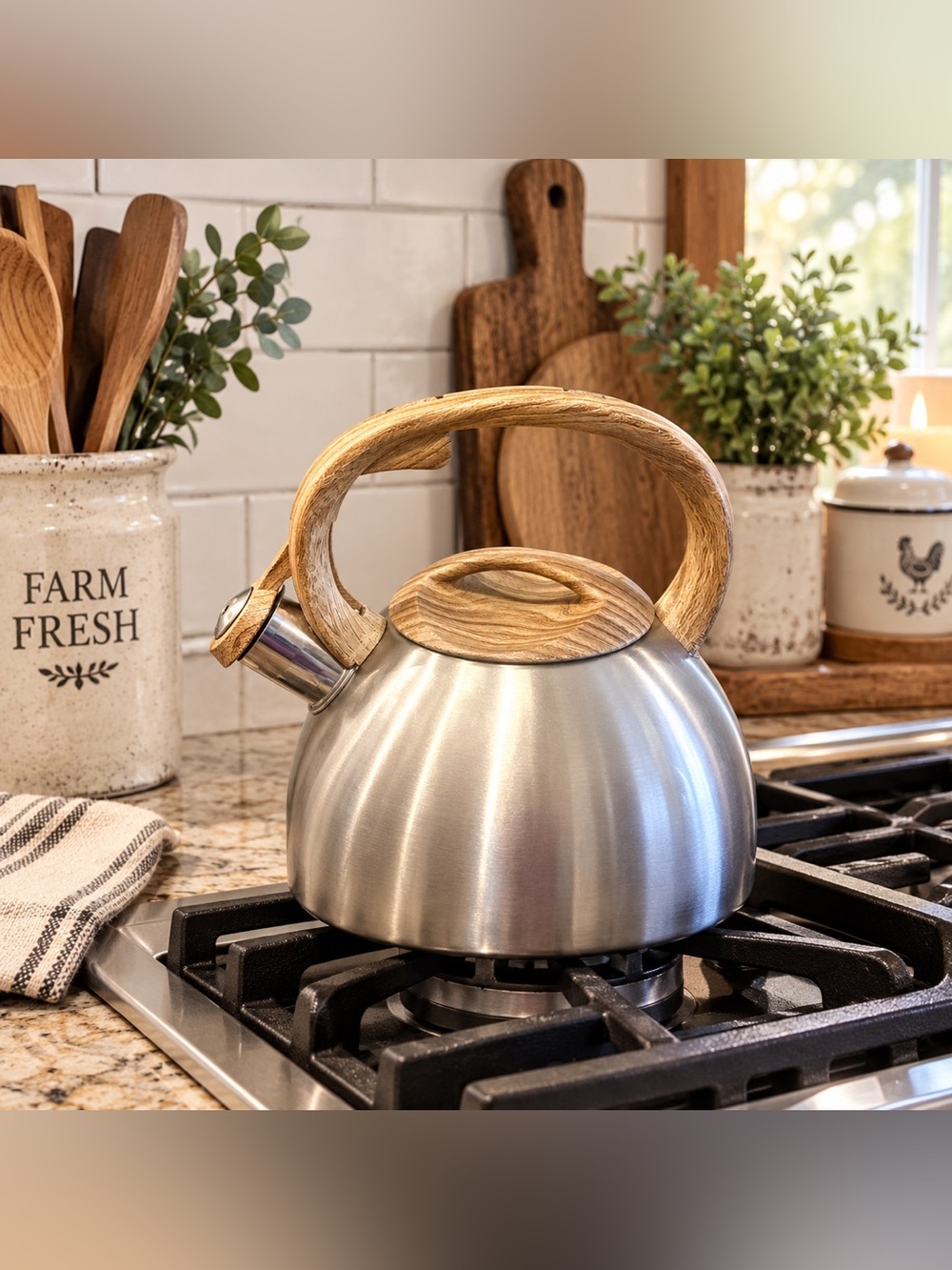 LUXGRACE Whistling Stainless Steel Tea Kettle Silver/Brown For Stove Top
